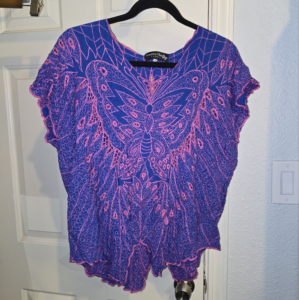Women's Blue and Pink Butterfly Top Primitive Vibes